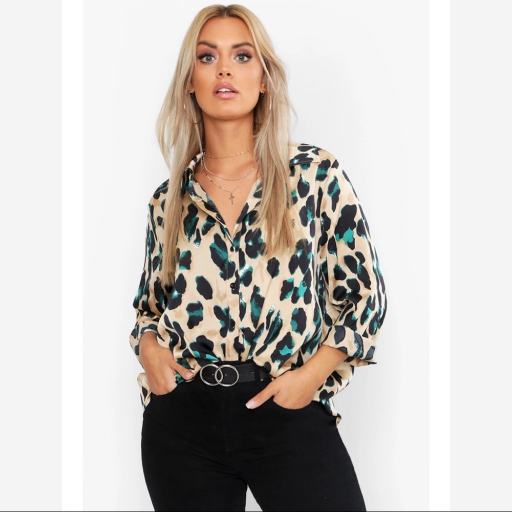 Boohoo Plus Satin Leopard Shirt -20